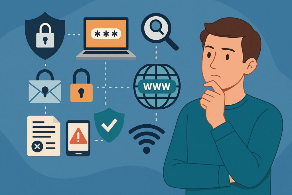 Illustration of a man looking thoughtfully at internet security icons: locks, a shield with a check mark, a Wi-Fi icon, search, an error message, and a globe with the word "WWW" written on it.