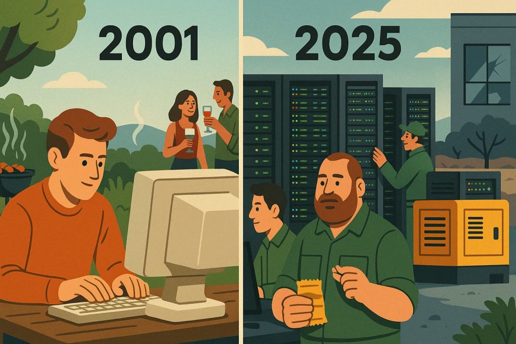 Illustration with two parts: on the left — 2001, a young man works at an old computer, people are resting behind him; on the right — 2025, a modern data center with servers, company employees are working in the background.