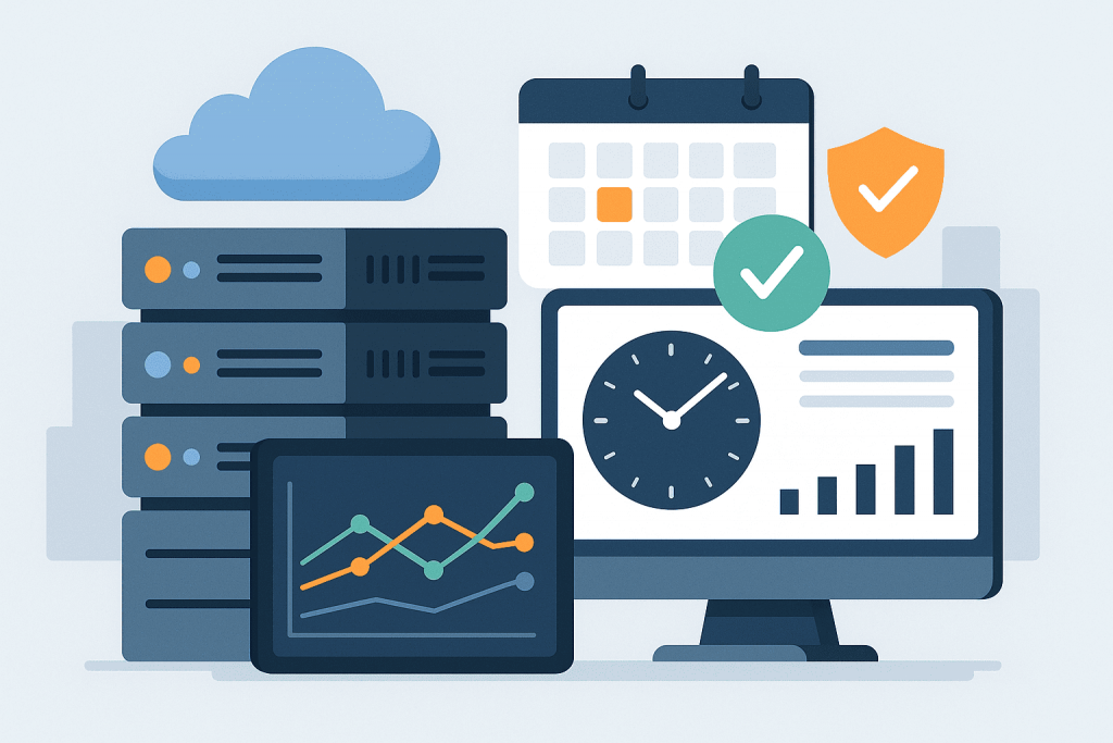 Servers, monitors with graphs and clocks, calendar and security shield, symbolizing 24/7 monitoring of the infrastructure.
