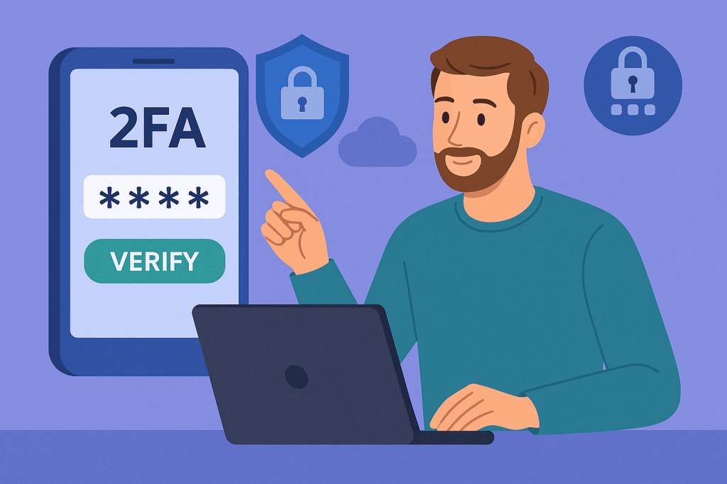 Man working at laptop pointing at smartphone with two-factor authentication verification screen.