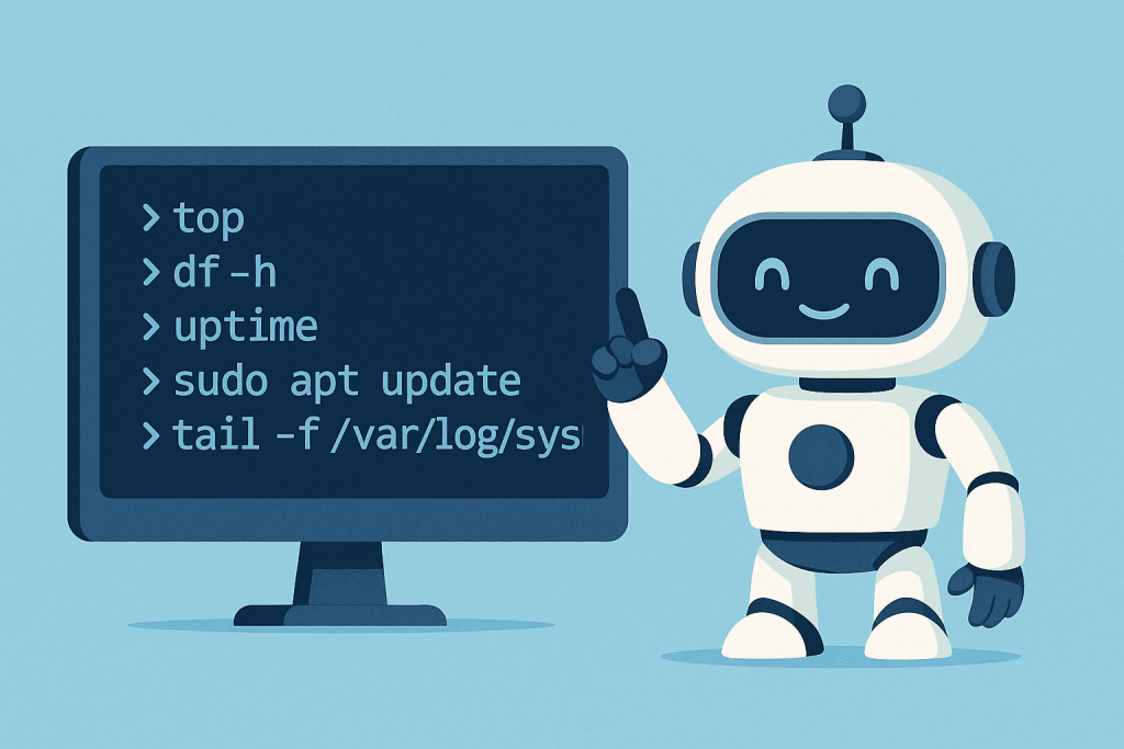 The robot points to a monitor with five basic Linux commands for server administration.