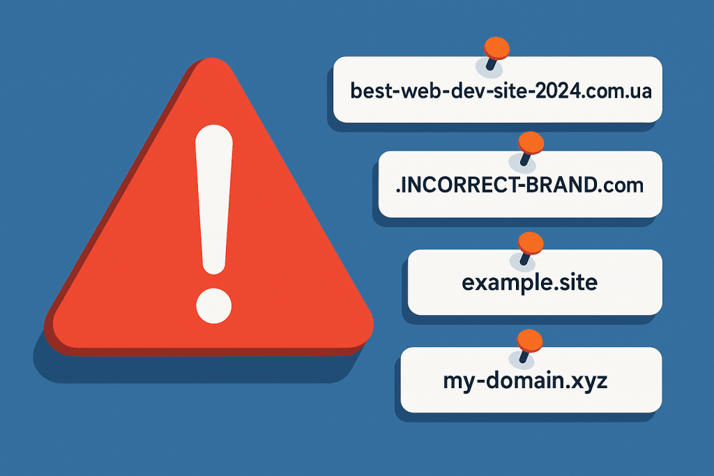 A red exclamation mark on a background with examples of domain names, including ones that are too long, have incorrect characters, and are in unpopular zones.