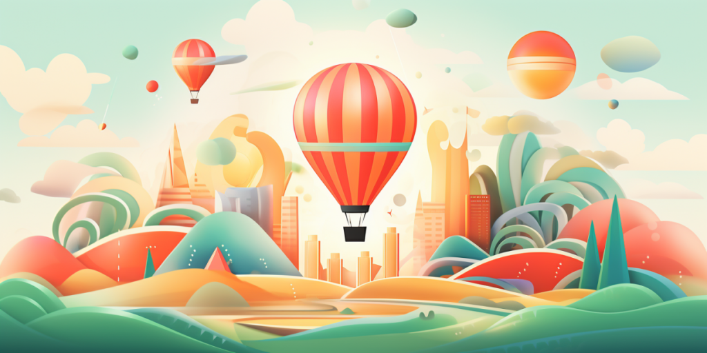 Balloons in the sky over a colorful fantasy city and hills.