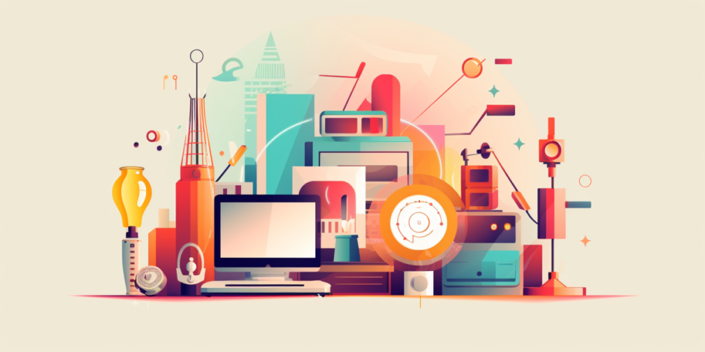 A set of different elements - a computer, a lamp, appliances and graphic diagrams in bright colors.