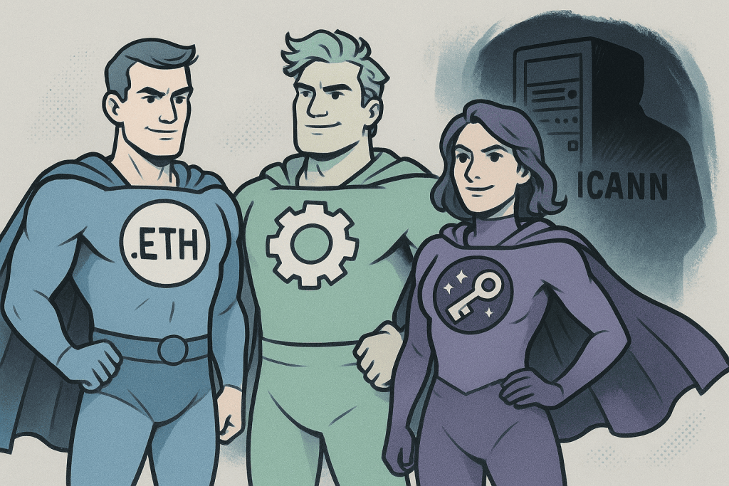 Three superheroes in suits with .ETH, gears, and a wrench symbolizing alternative DNS systems, against a server with ICANN written on it.