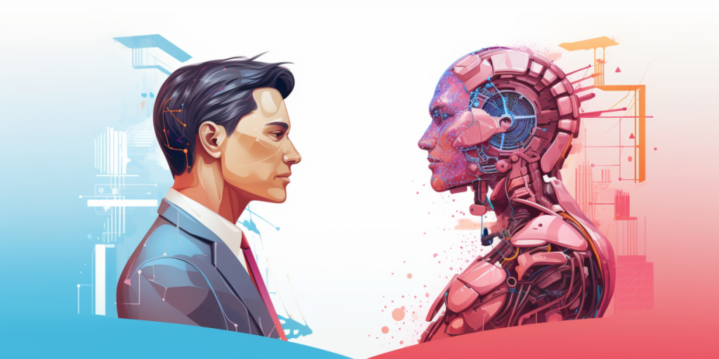 Illustration of a man in a suit looking into the eyes of a humanoid robot with exposed mechanisms and electronic parts.
