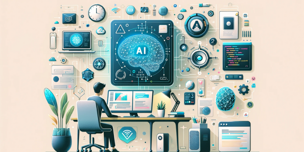 Illustration of a developer at a desk, in front of a monitor with graphs, surrounded by numerous icons and diagrams with the word AI.