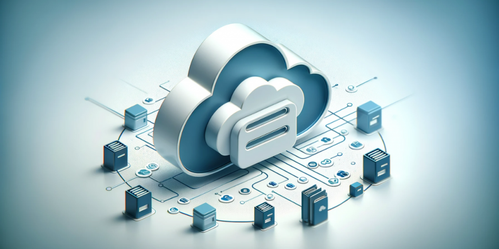 Cloud storage with a lock in the center, connected to servers and system icons.