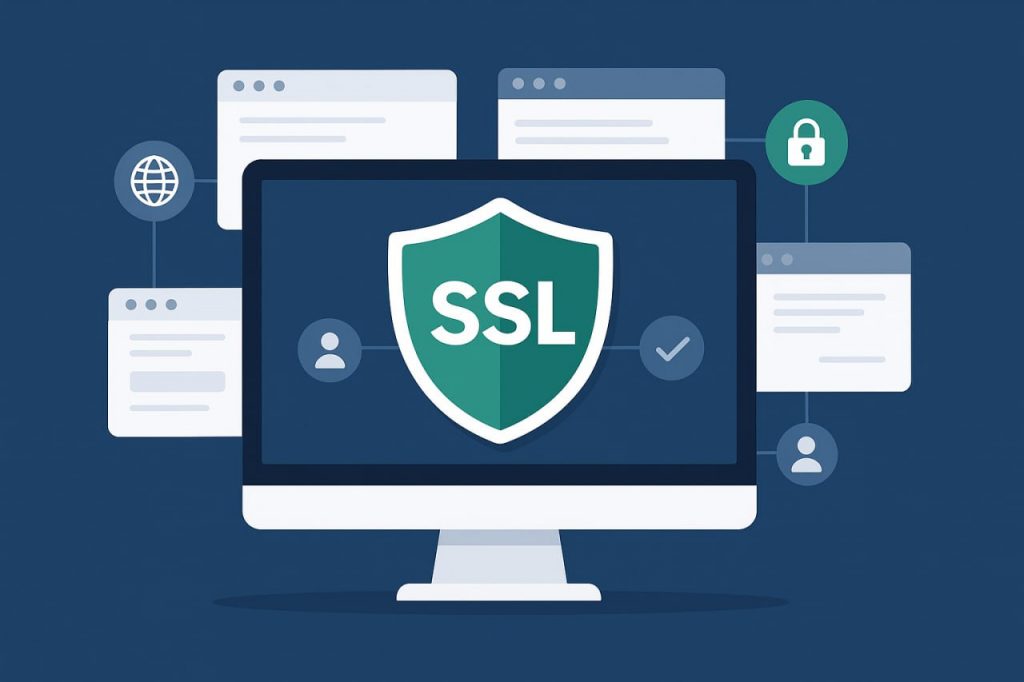 Monitor with a large green SSL shield on the screen, surrounded by icons of websites, a lock, a user, and a globe.