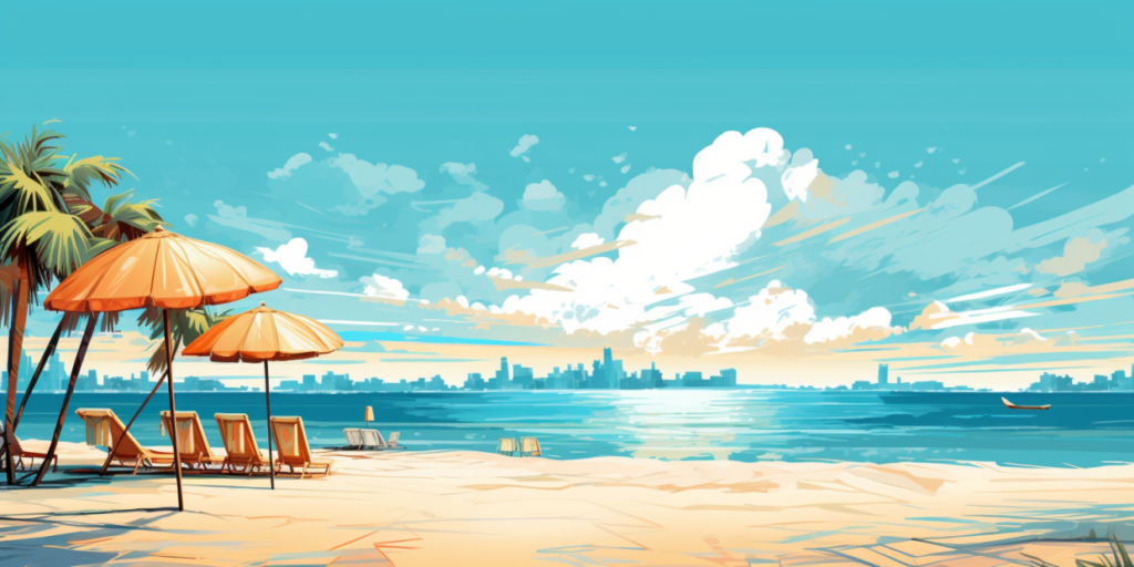 Sunny coastline with palm trees, lounge chairs, and umbrellas against a city skyline backdrop.