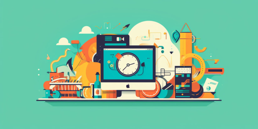 A laptop with a clock on the screen, surrounded by charts, books and tools.