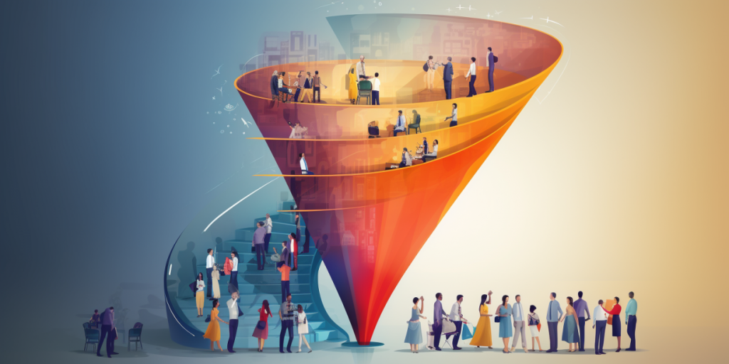 Illustration of a sales funnel with people at different stages.