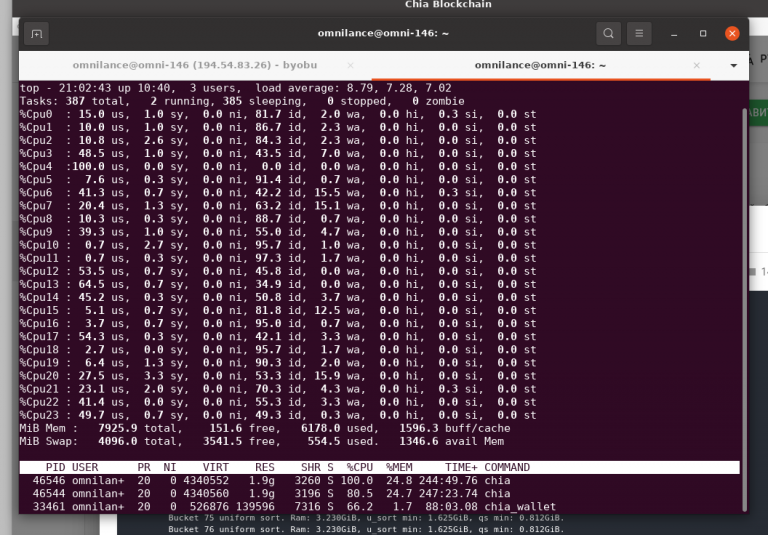 Linux console with top command running, showing Chia processes and CPU load.