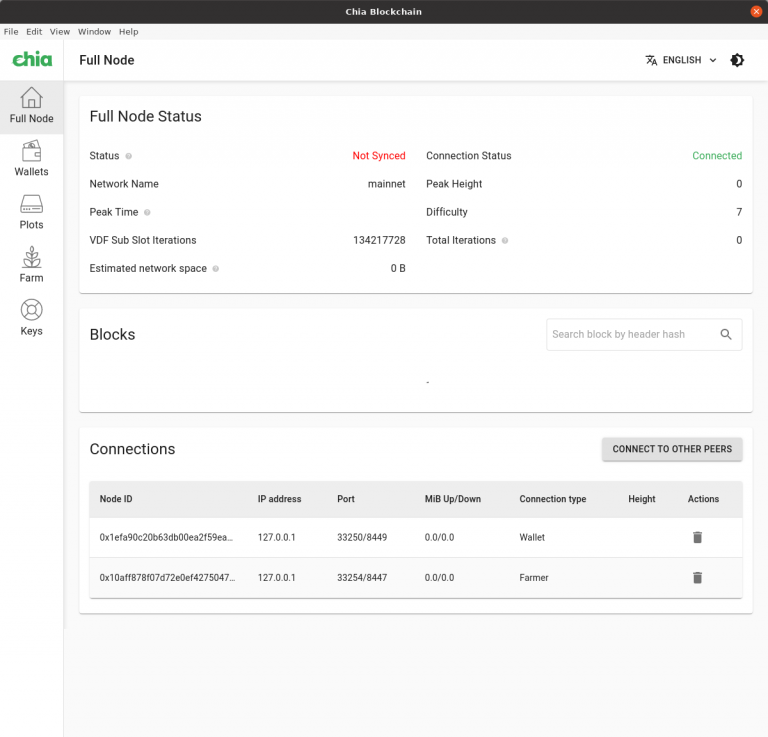 Chia Blockchain interface showing Full Node status and connections.