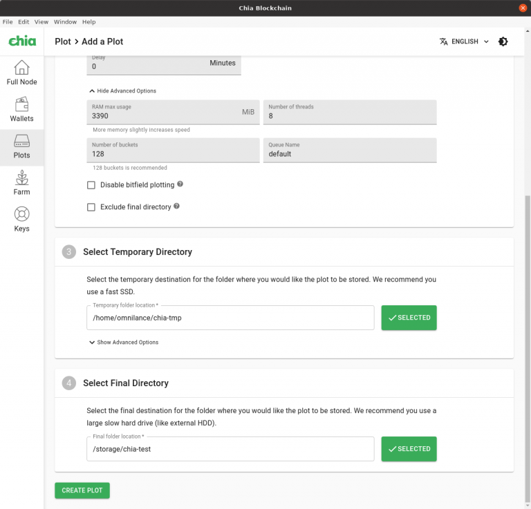 Setting up raft creation in Chia Blockchain with selection of directories and parameters.