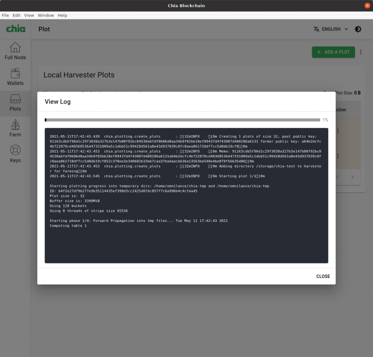 Chia Blockchain log showing the process of creating a new raft and technical parameters.