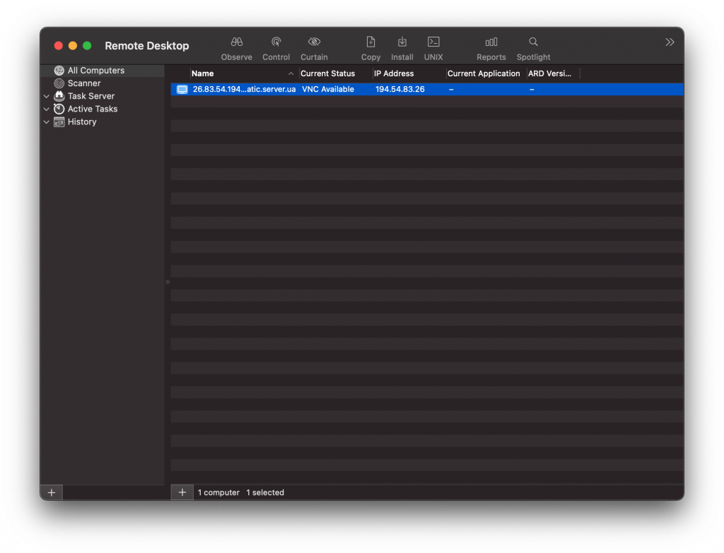 Remote Desktop interface with connection to a server via VNC.