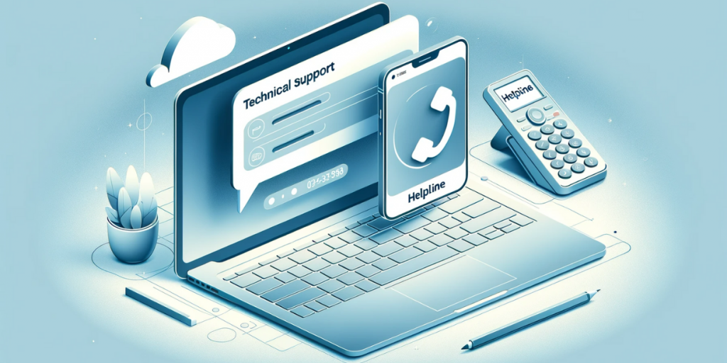 Laptop, smartphone and phone with chat and call icons symbolizing tech support work.
