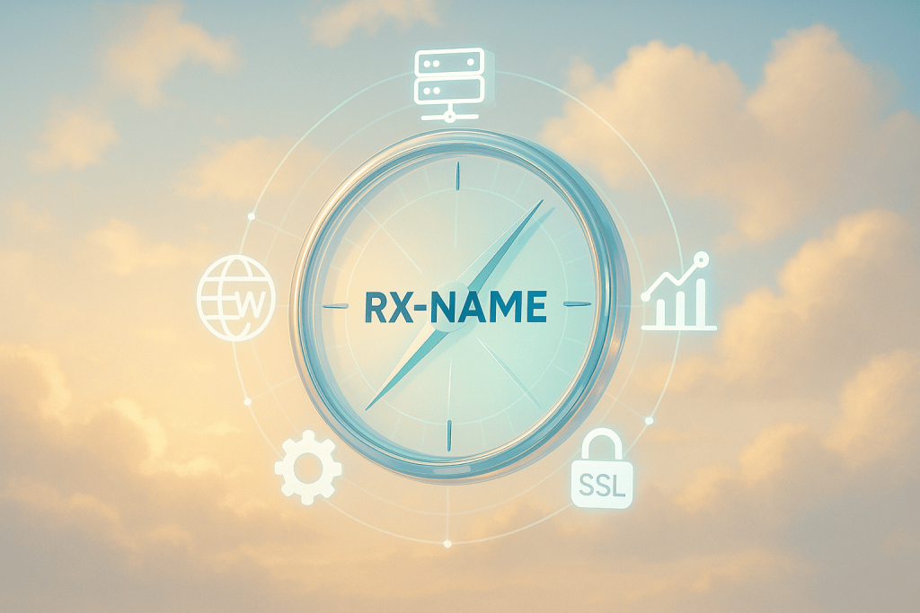 Compass with RX-NAME in the center, surrounded by server, gear, SSL lock, graph, and globe icons.