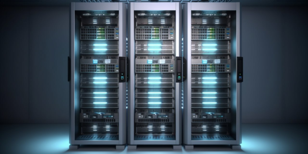 Three server racks with equipment in a data center.