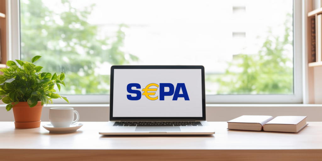 Laptop on a table with the SEPA logo on the screen, next to a cup of coffee, books and a plant.