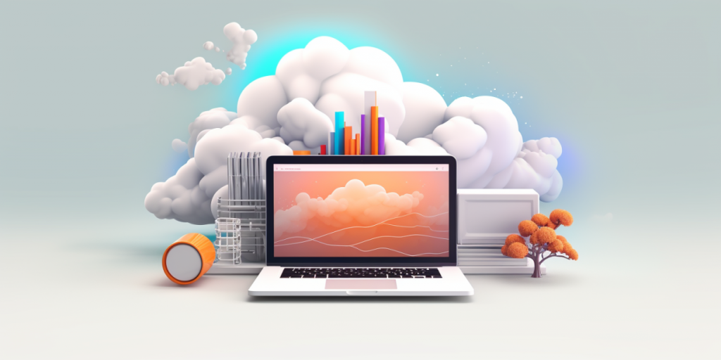 Laptop on a background of clouds with graphs and infrastructure elements.