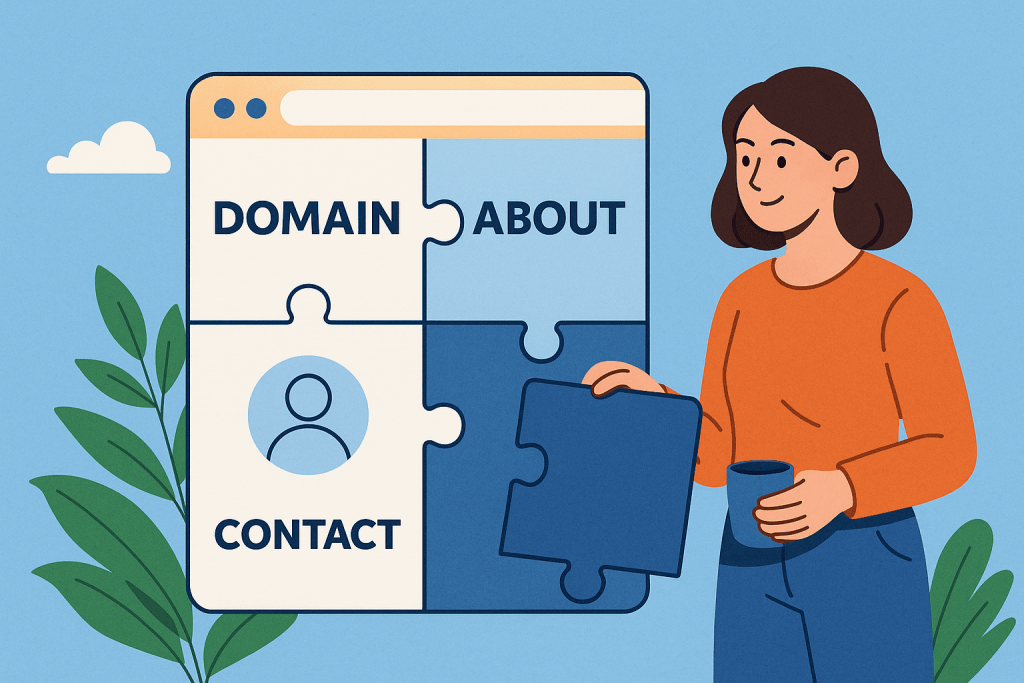 A woman holds a puzzle piece that makes up a website with the Domain, About and Contact sections.