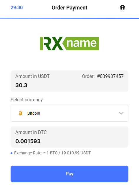 RX-NAME order payment page with Bitcoin cryptocurrency selection.