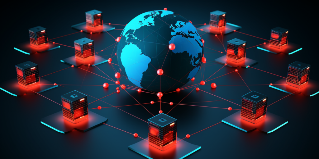 Globe in the center of a digital network, connected by red lines with numerous servers around it.