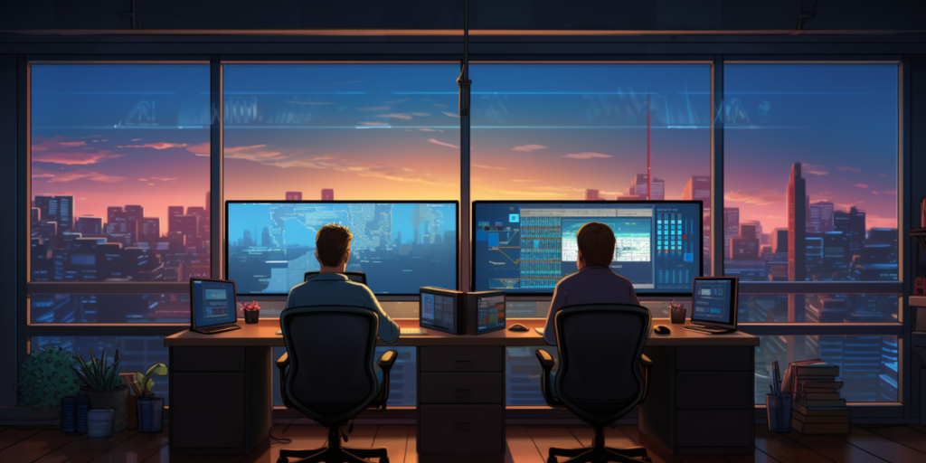 Two people work at large monitors in an office with a panoramic window overlooking the city at night.