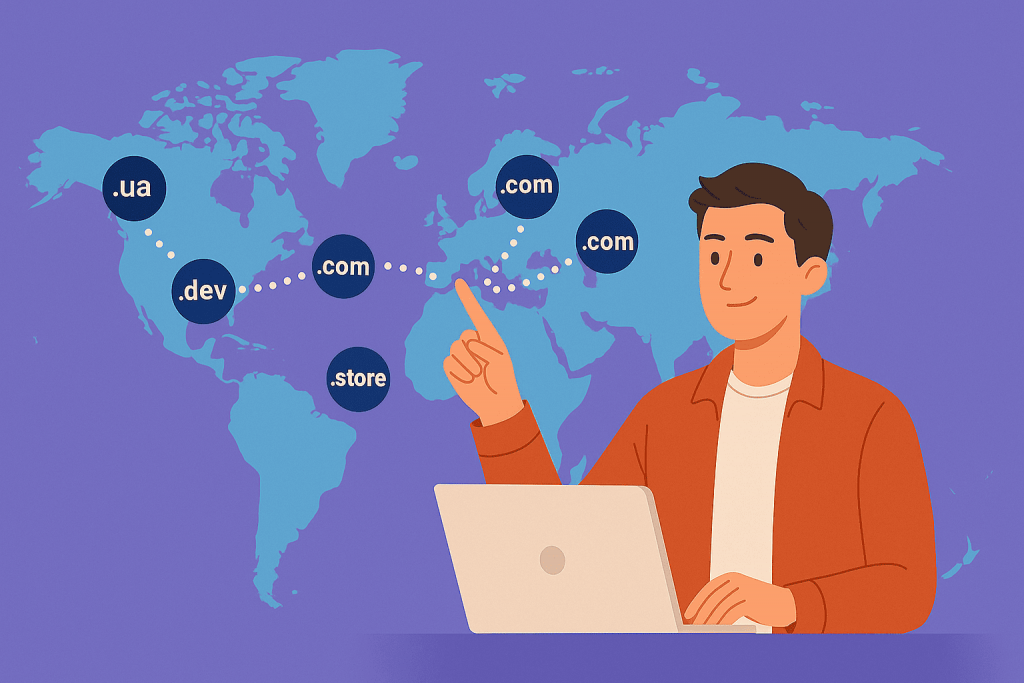 A young man at a laptop points to a world map with popular domain zones .com, .ua, .dev, .store.