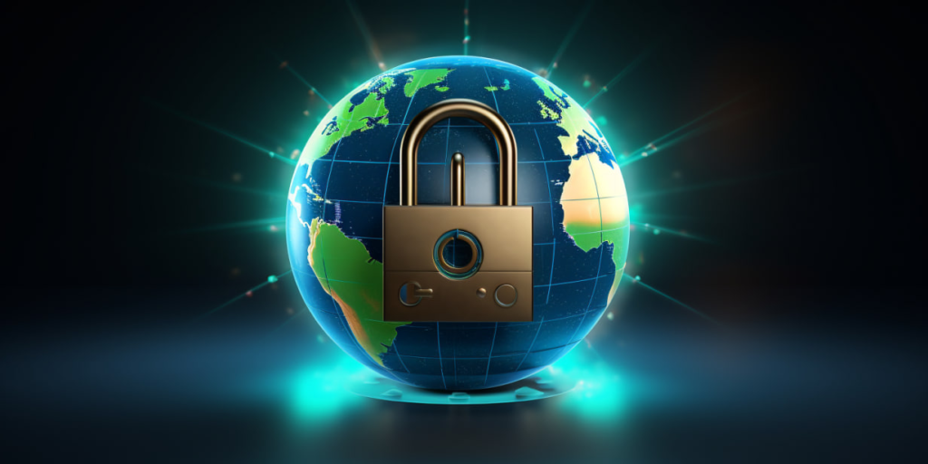 Globe with a large padlock symbolizing internet security and domain protection.