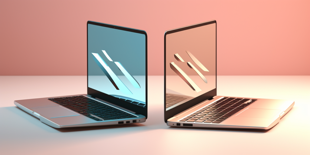 Two laptops facing each other, with similar symbols displayed on the screens.