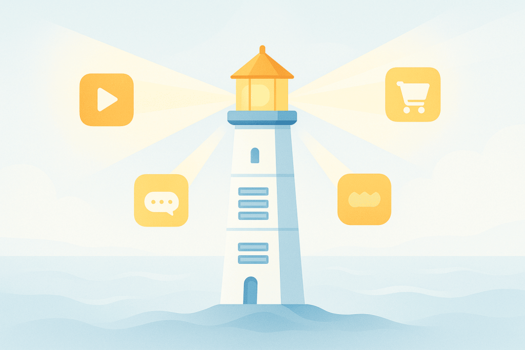 A lighthouse in the sea emits rays of light that illuminate the icons of online services: video, chat, shopping and others.