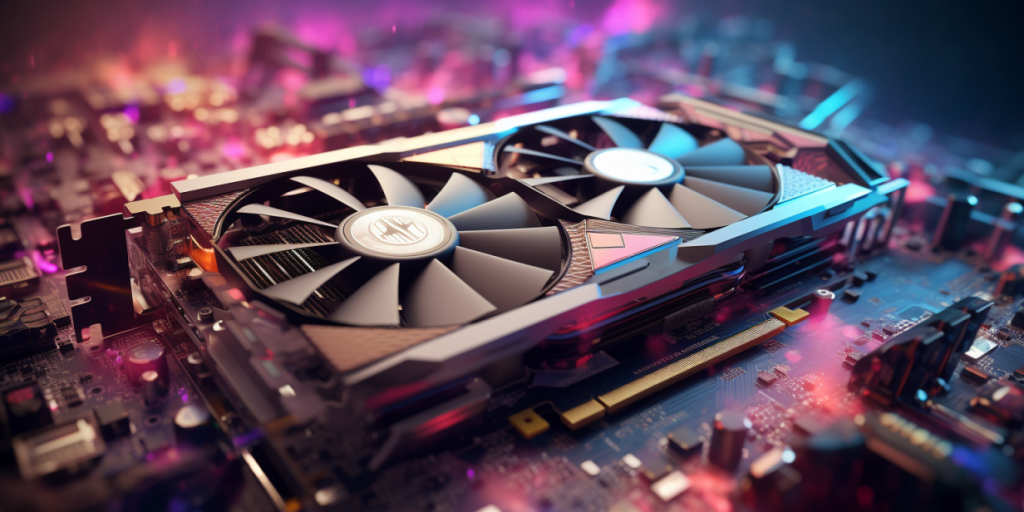 A dual-cooler graphics card mounted on a motherboard.