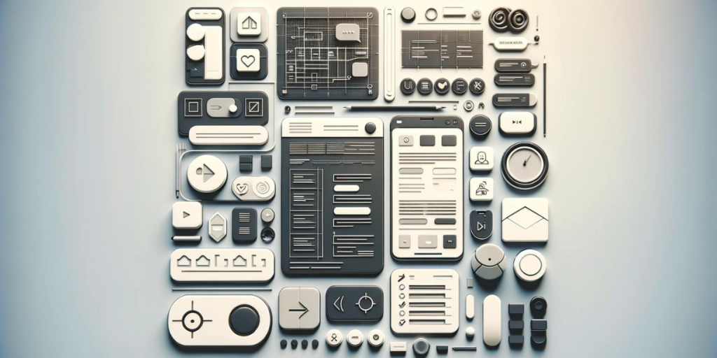 A set of user interface elements in the form of buttons, icons, panels, and layouts for mobile and web applications, arranged in a single composition.