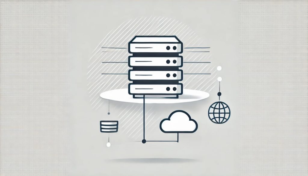 Schematic representation of a stack of servers connected with icons of cloud storage, database and global network.