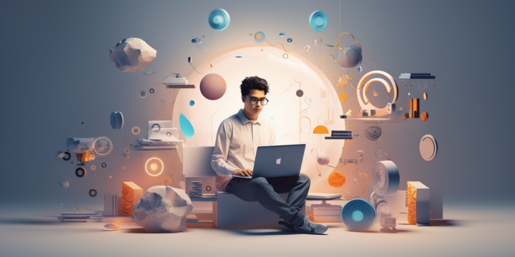 Young man with laptop in futuristic environment with abstract elements symbolizing technology and online work.