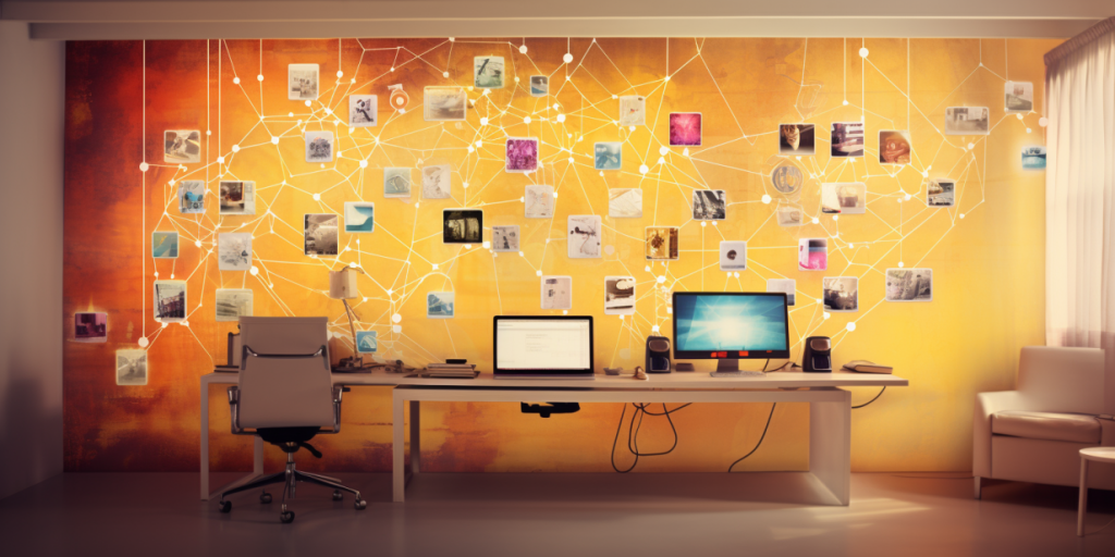 A wall with a visualization of the network, depicted in the form of related photos and icons, in front of which stands a workplace with computers.