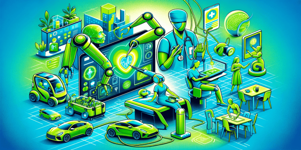 A scene with the use of artificial intelligence in medicine, transportation, education and everyday life, depicted in a futuristic style.