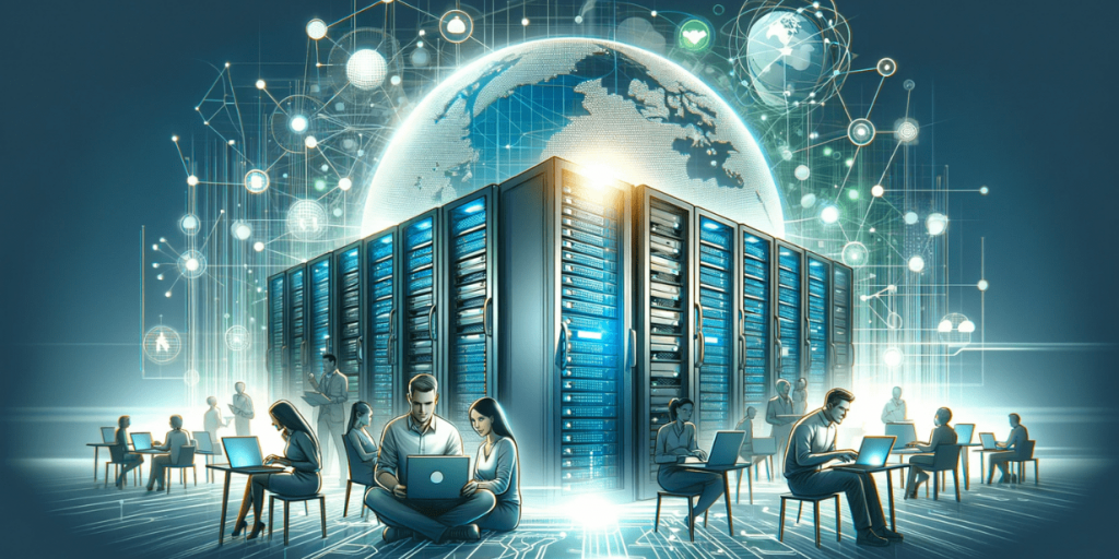 Large server racks with people working on laptops, against a globe with network connections.