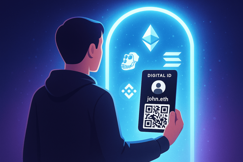 A man holds a digital ID card with the inscription "john.eth" in front of a bright portal with logos of cryptocurrencies and blockchain networks.