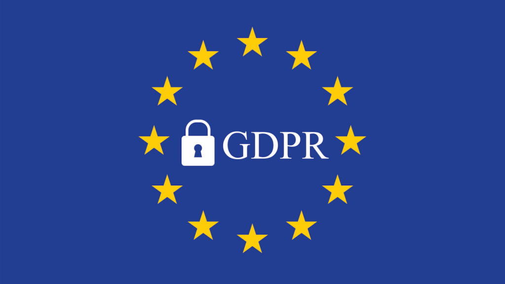 Blue background with yellow stars in a circle, in the center the words GDPR and a lock icon symbolizing data protection.