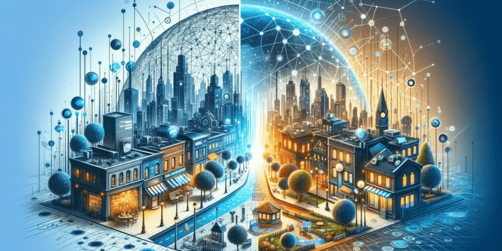 Two parts of the city, depicted in a futuristic style, where one half glows blue and the other gold, are connected by a network of digital elements.