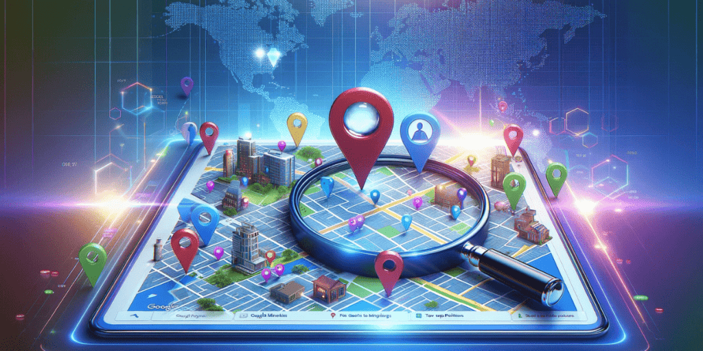 A map on a tablet screen with location markers and a magnifying glass focusing on one of them.