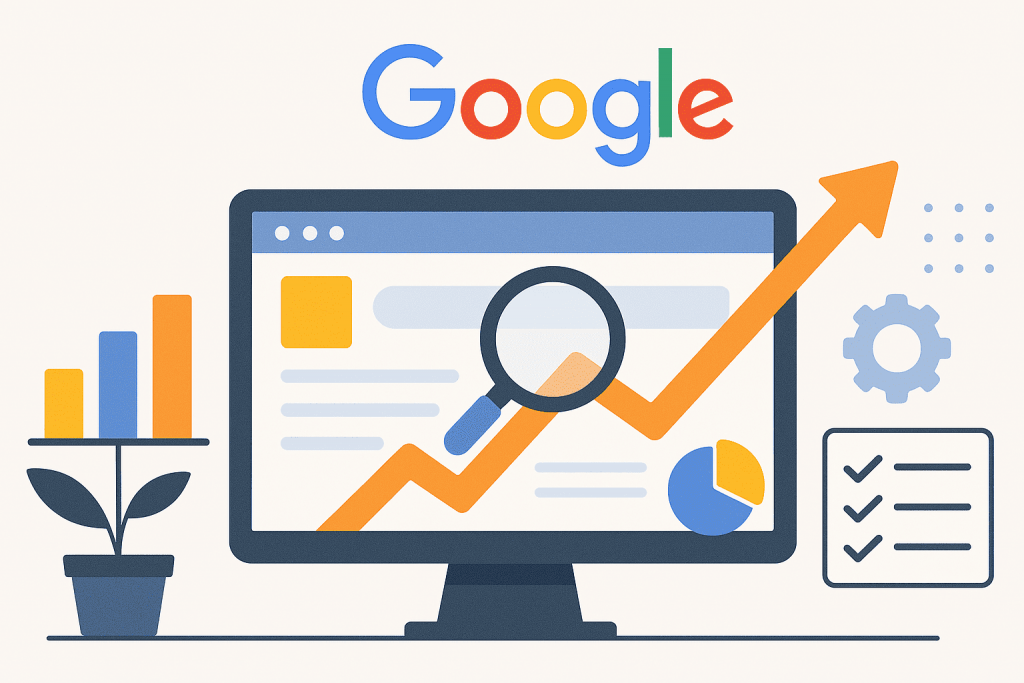 Monitor with growth charts and magnifying glass icon on Google logo background, next to charts and checklist.