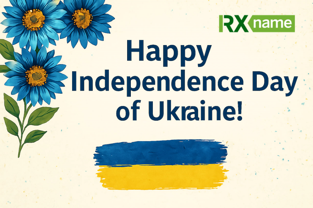 A postcard with blue flowers, the flag of Ukraine and the text "Happy Independence Day of Ukraine!" next to the RX-NAME logo.