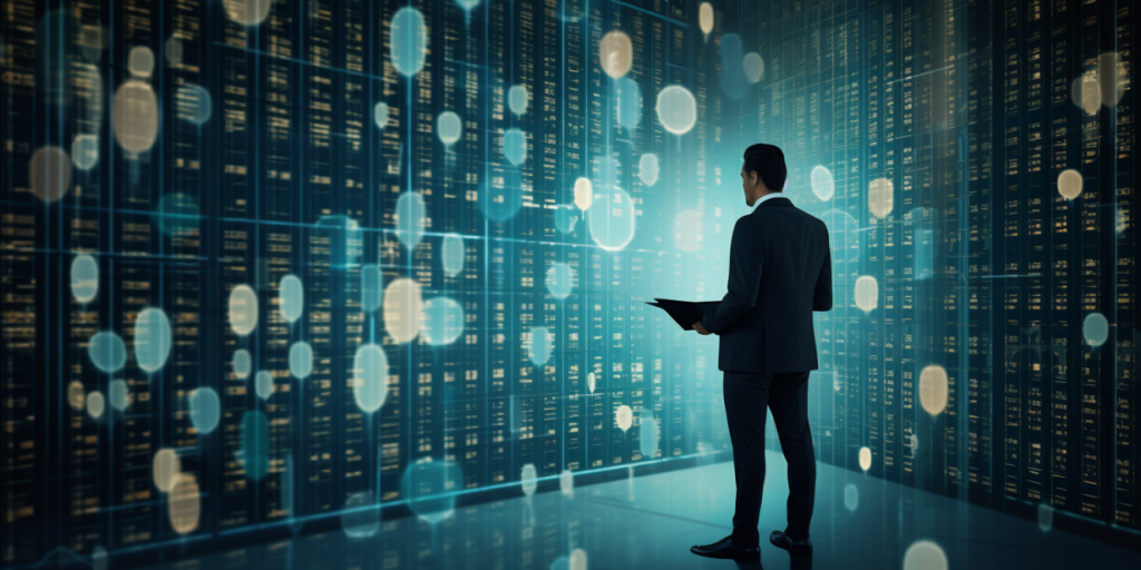 A man in a suit with a tablet in his hands in a large server room.