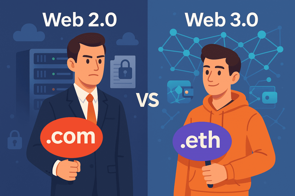 Two characters symbolize Web 2.0 and Web 3.0: one in a business suit holds a ".com" sign, the other in a hoodie holds a ".eth" sign, against a backdrop of servers and a blockchain network.