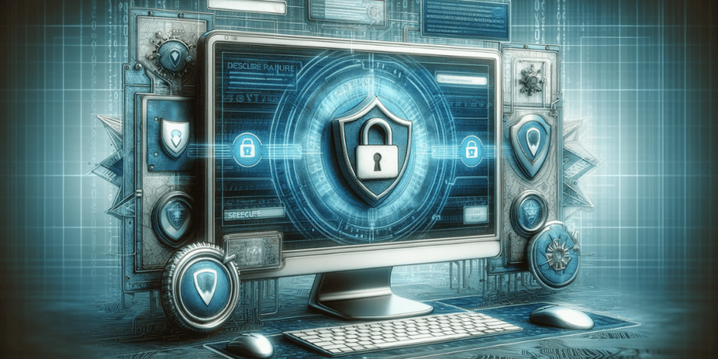 Computer monitor with a lock and shield image surrounded by security interface elements.